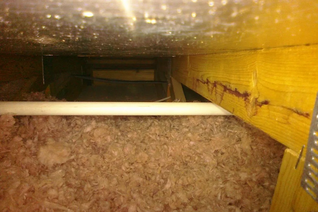 Loose insulation sitting between floor joists in a crawl space, lit by a flashlight