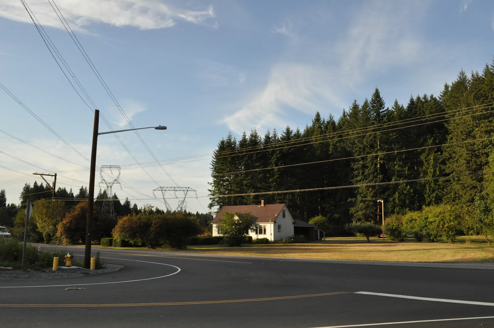 An older house on a Lake Stevens road with power lines running past it and a tall stand of firs behind