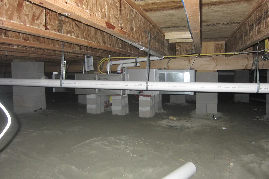 A crawl space with bare dirt on the ground, concrete block piers, floor joists, plumbing and ductwork overhead
