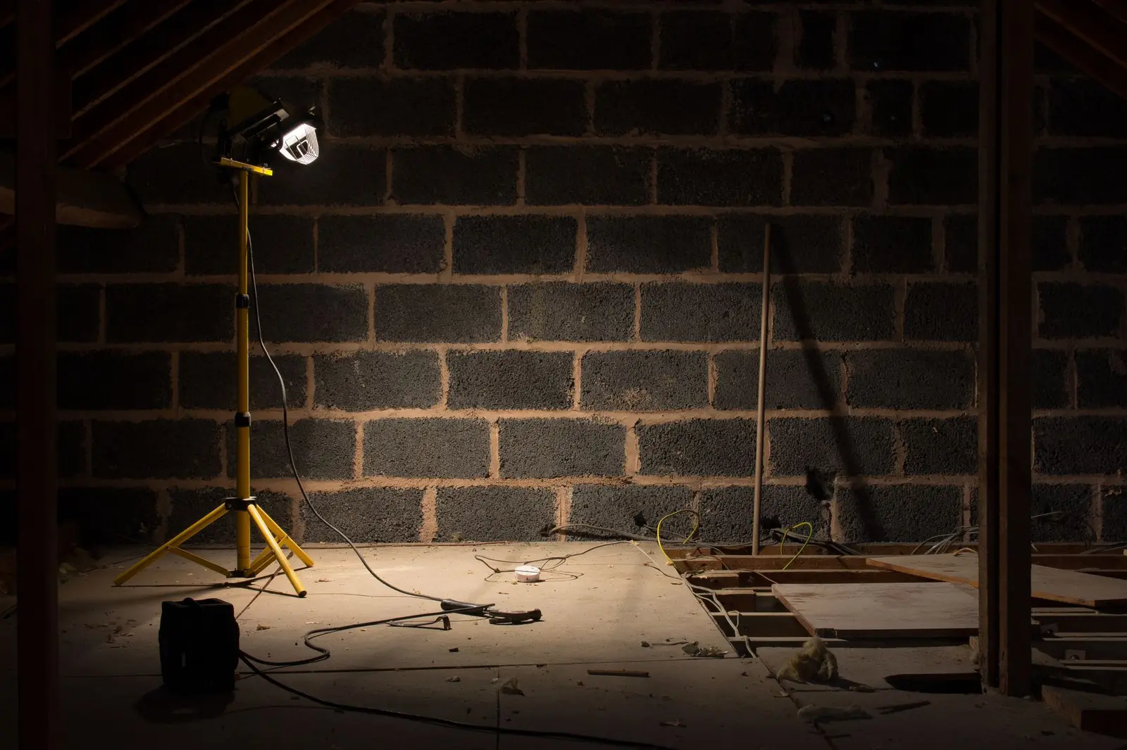 A dark attic lit by a single work light, with rafters overhead, a block wall, and an open section of floor joists, the kind of space where mice and rats nest at night