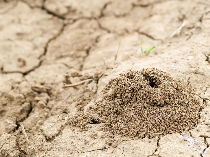 An ant mound pushed up through cracked ground, the same mound-building Pure Guard treats in driveway joints and foundation seams in Lake Stevens, WA