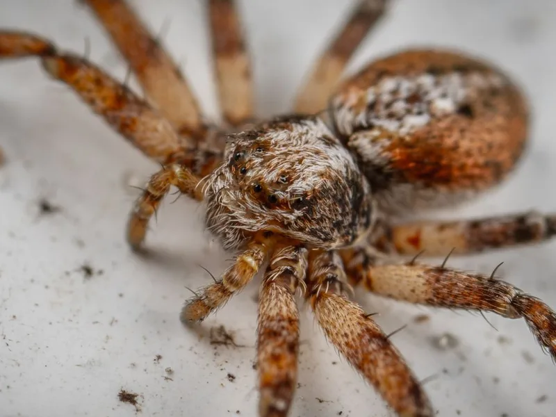 A large brown long-legged house spider on a pale floor, the kind that turns up in Snohomish County, WA basements and garages in fall