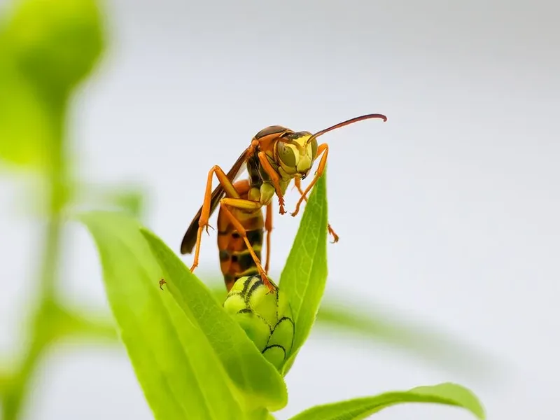 A paper wasp, the slender orange and brown wasp that builds open umbrella-shaped nests under eaves in Snohomish County, WA